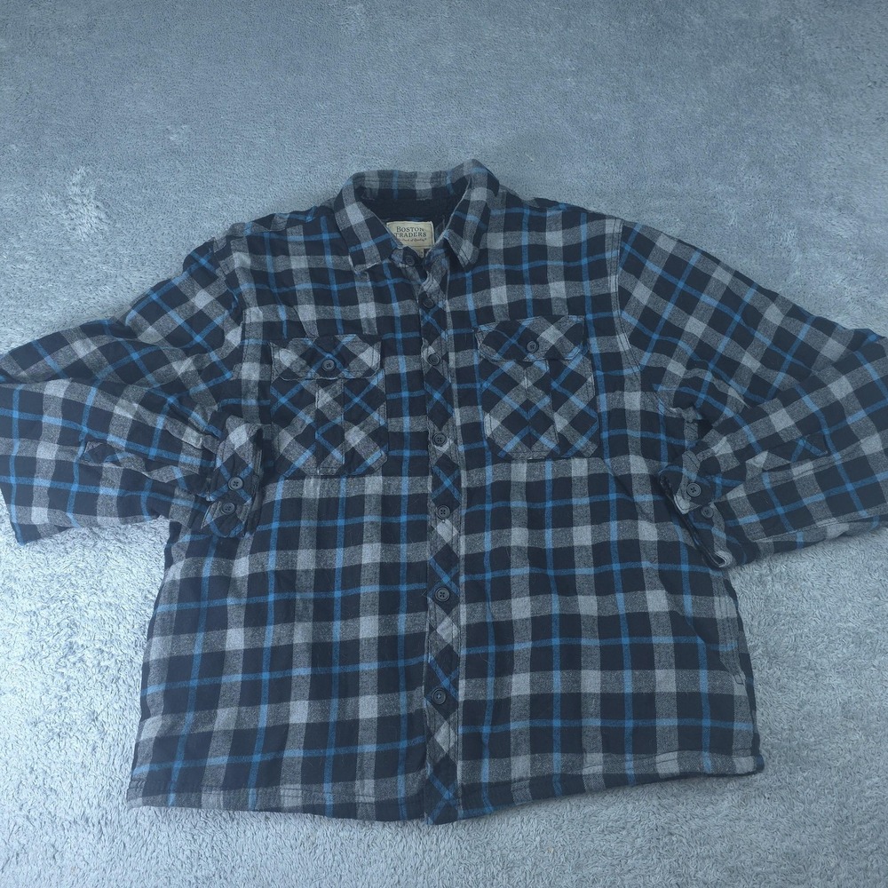 Boston Traders Jacket Mens 2XL Gray Plaid Sherpa Lined Flannel Puffer Insulated